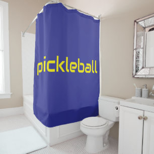Cool Modern Yellow PICKLEBALL Text On Deep Blue Shower Curtain