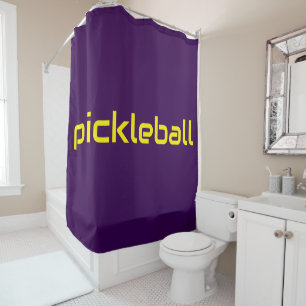 Cool Modern Yellow PICKLEBALL Text On Deep Purple Shower Curtain