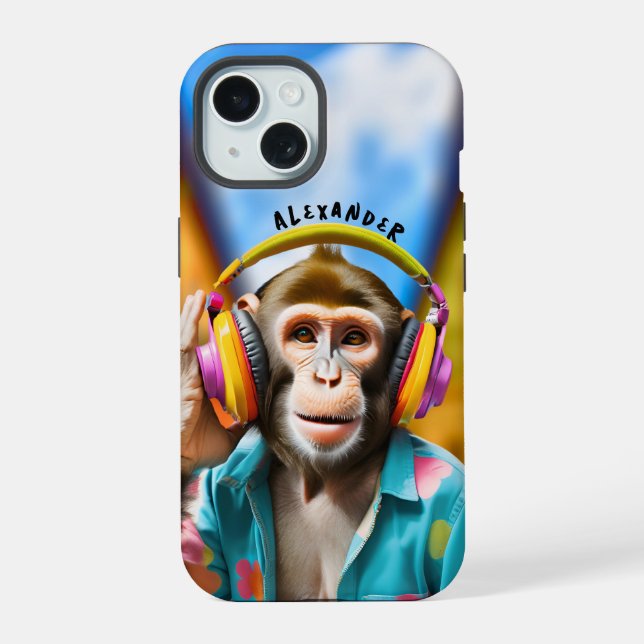 Cool Monkey with Headphones iPhone 15 Case (Back)