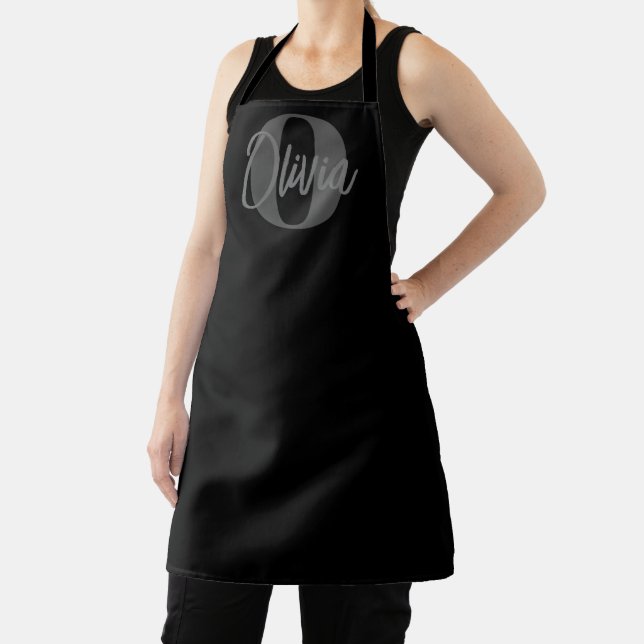 Cool Monochrome Black Grey Modern Script Monogram Apron (Insitu)