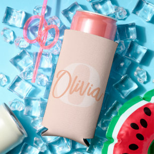 Cool Monochrome Blush Pink Trendy Script Monogram Seltzer Can Cooler