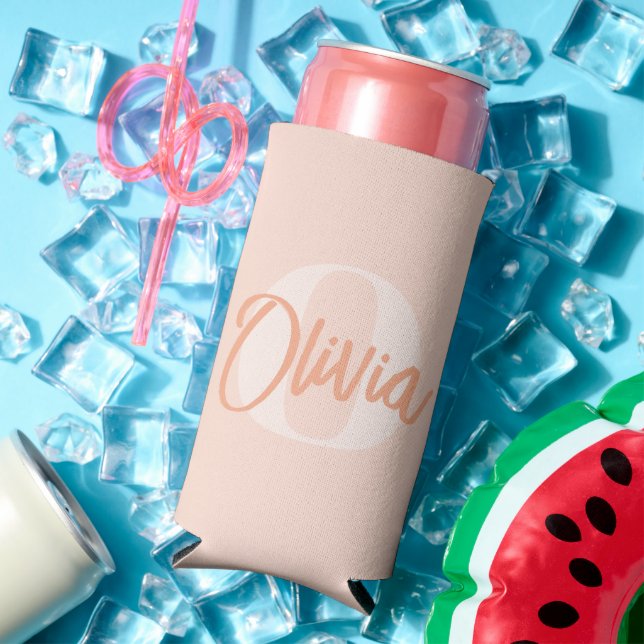 Cool Monochrome Blush Pink Trendy Script Monogram Seltzer Can Cooler (In Situ Summer)