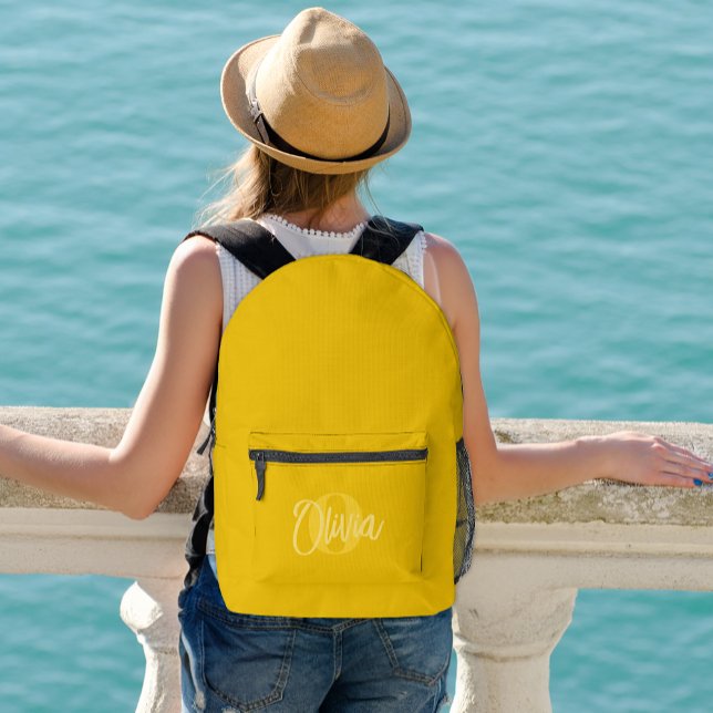 Cool Monochrome Yellow Modern Script Monogram Printed Backpack (Creator Uploaded)