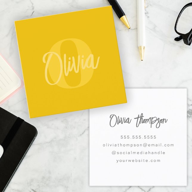Cool Monochrome Yellow Trendy Script Monogram Square Business Card (Creator Uploaded)