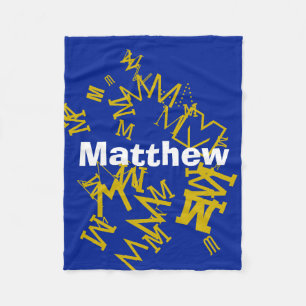 Cool monogram and name in navy blue & white fleece blanket