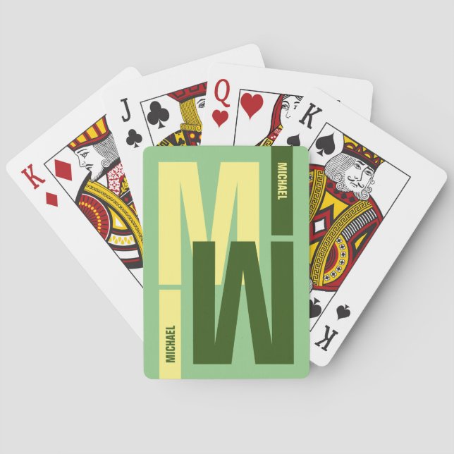 cool monogram ( initial & name) sage green playing cards (Back)