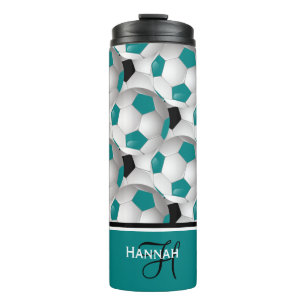 Cool Monogram Teal Black Soccer Ball Pattern Thermal Tumbler