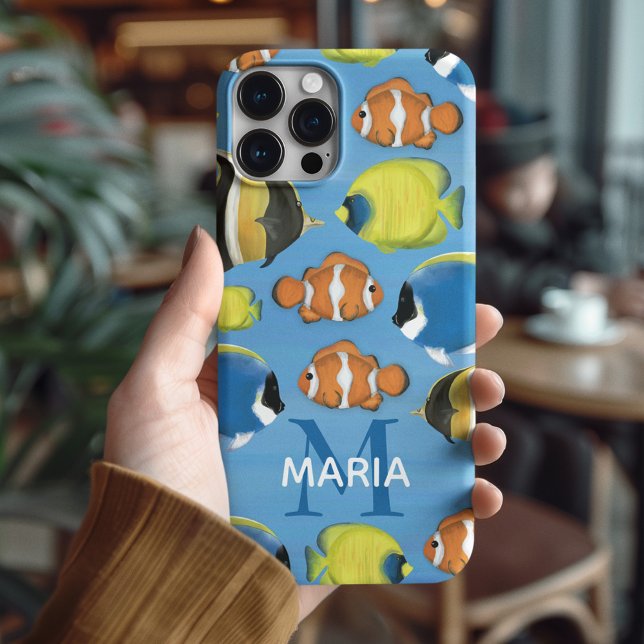 Cool Monogram Tropical Fish Personalised Case-Mate iPhone Case (Tropical Fish Pattern Personalized Monogram Phone Case.)