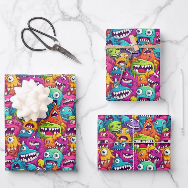 Cool monster party unisex kids  wrapping paper sheet (Front)
