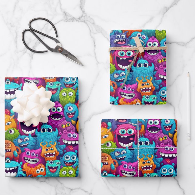 Cool monster party unisex kids  wrapping paper sheet (Front)