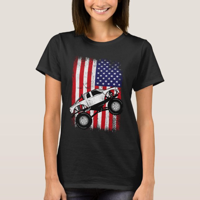 Cool Monster Truck Kids Distressed USA American Fl T-Shirt (Front)
