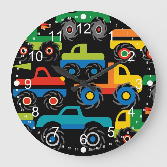 Cool Monsters Trucks Transportation Gifts for Boys Large Clock (Front)