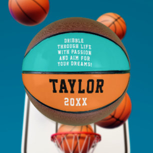 Cool Motivational Turquoise Orange Name Birthday Basketball