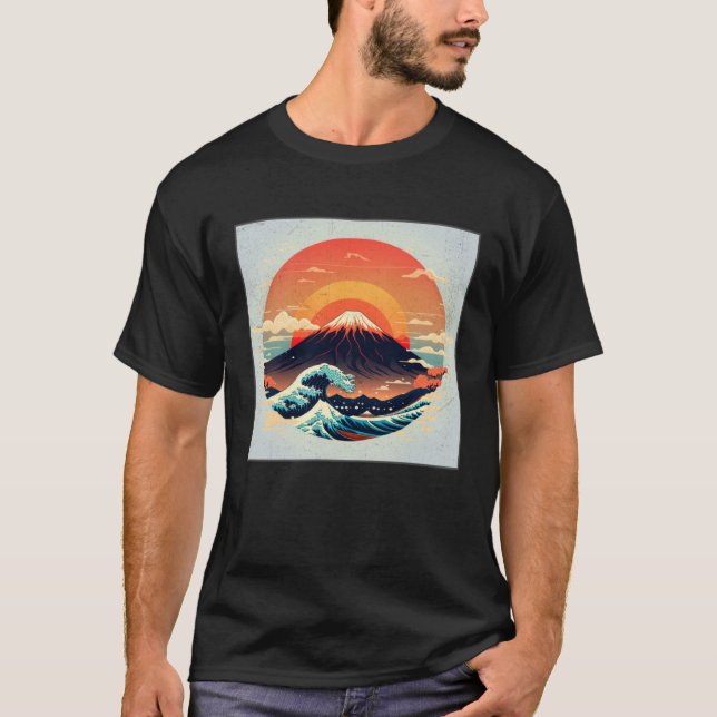 Cool Mt Fuji Big Waves Illustration Sea Sunset Wom T-Shirt (Front)