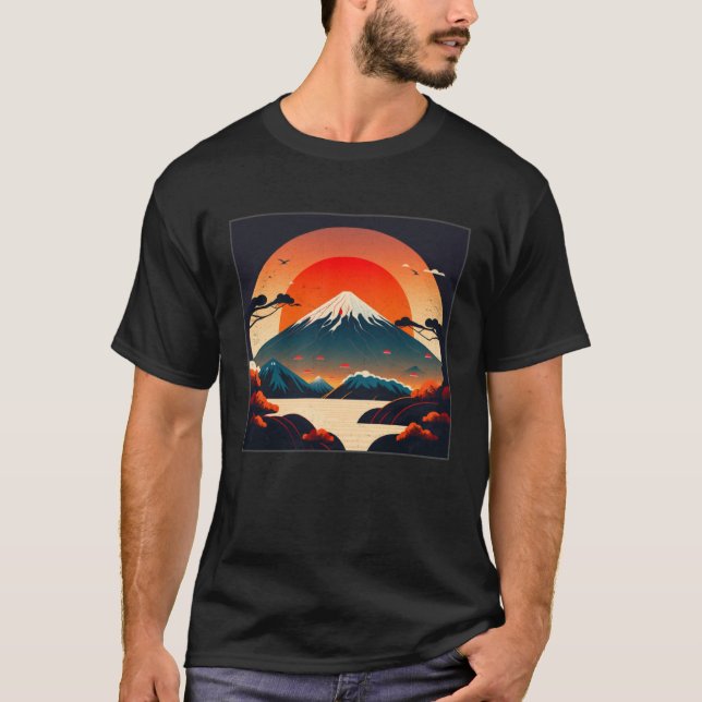 Cool Mt Fuji Big Waves Illustration Sea Sunset Wom T-Shirt (Front)