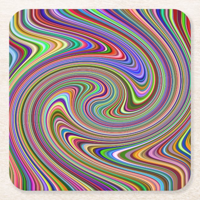 Cool Multi-Colour Swirling Stripes Rainbow Square Paper Coaster (Front)
