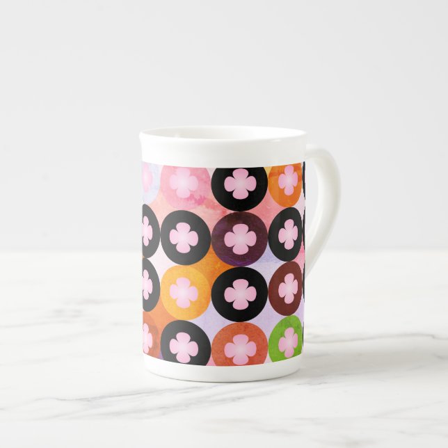 Cool Multi Coloured Circles & Pink Clovers Bone China Mug (Front Right)