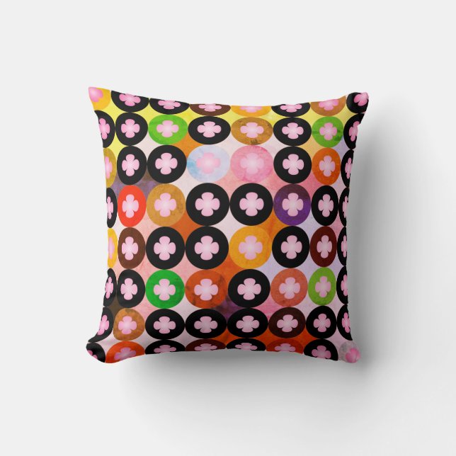 Cool Multi Coloured Circles & Pink Clovers Cushion (Front)