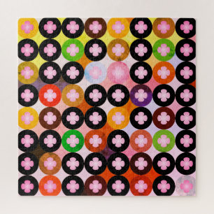 Cool Multi Coloured Circles & Pink Clovers Jigsaw Puzzle
