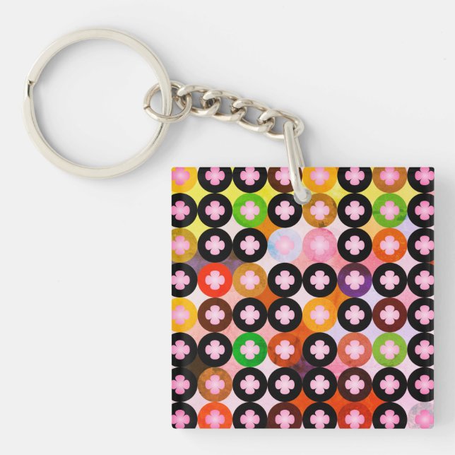 Cool Multi Coloured Circles & Pink Clovers Key Ring (Front)