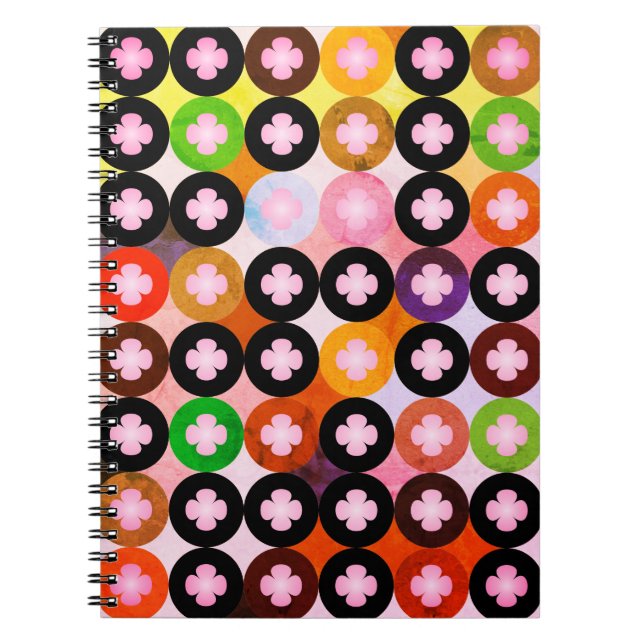 Cool Multi Coloured Circles & Pink Clovers Notebook (Front)