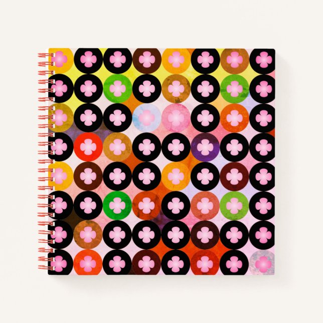 Cool Multi Coloured Circles & Pink Clovers Notebook (Front)