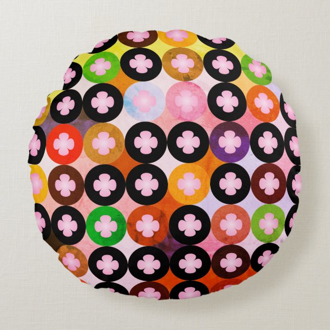 Cool Multi Coloured Circles & Pink Clovers Round Cushion (Front)