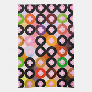 Cool Multi Coloured Circles & Pink Clovers Tea Towel