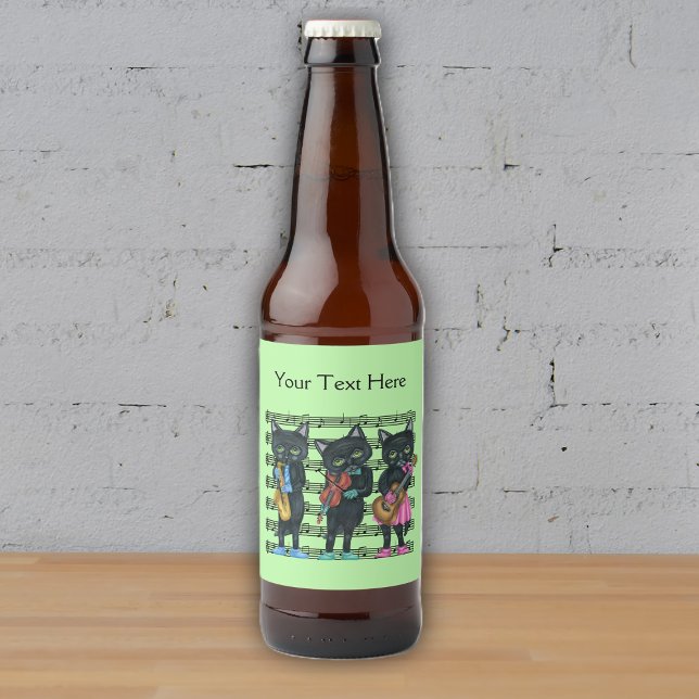 Cool Musical Black Cats Instruments Sheet Music Beer Bottle Label (Three cool cat musicians on sheet of black music notes on light green beer bottle personalised label)