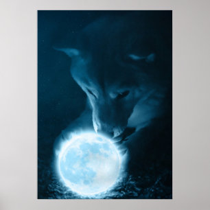 Cool Mystical Fantasy Wolf Holding The Moon Poster