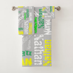 Cool Name Collage Modern Typography Custom Grey Bath Towel Set