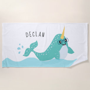 Cool Narwhal Arctic Whale with Glasses Cartoon Beach Towel
