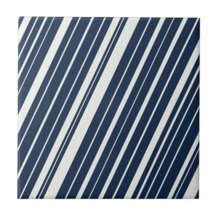 Cool Navy Blue and White Diagonal Stripes Pattern Ceramic Tile