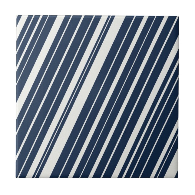 Cool Navy Blue and White Diagonal Stripes Pattern Ceramic Tile (Front)