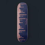 Cool Navy Blue Rose Gold Glitter Sparkle Drips Skateboard<br><div class="desc">Girly Cool Navy Blue and Pink Rose Gold Glitter Sparkle Drips Skateboard with faux glitter drips and your personalised name on a chic navy blue background. Easy to customise and perfect for your glitter aesthetic.</div>