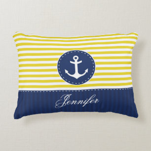 Cool Navy Blue Yellow Anchor Personalised Text Decorative Cushion