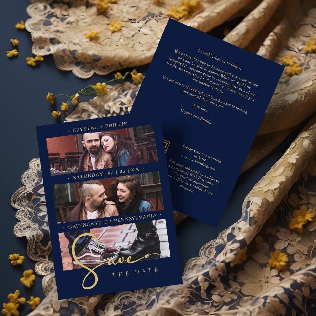 Cool Navy Golden Romantic Wedding 3 Multi Photos Save The Date (Cool Navy Blue Faux Golden Romantic Wedding Save the Date Card.)