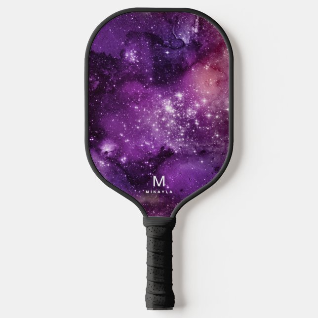 Cool Nebula Galaxy Monogram Name Purple Pickleball Paddle (Front)