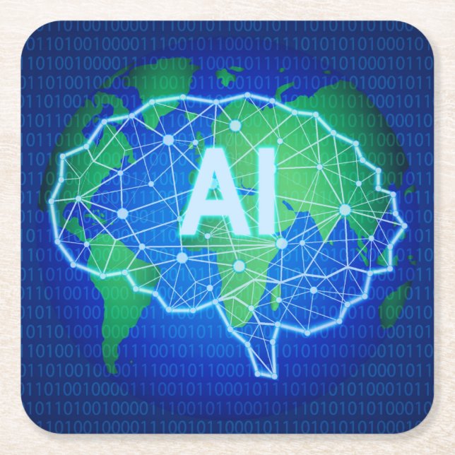 Cool Neon Artificial Intelligence with World Map Square Paper Coaster (Front)