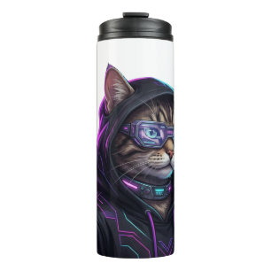 Cool Neon Cyberpunk Tabby Cat Futuristic Gamer Thermal Tumbler