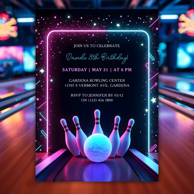 Cool Neon Glow Bowling Birthday Party Invitation (Cool Neon Glow Bowling Birthday Party Invitation)