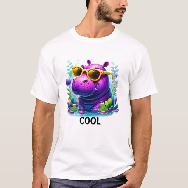 Cool Neon Hippo Lounging in the Swamp T-Shirt (Front)