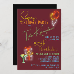 Cool Neon-Inspired Surprise Birthday Party Invitation