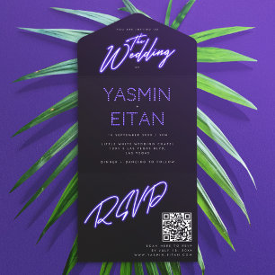 Cool Neon Purple Lights Black Modern Wedding All In One Invitation