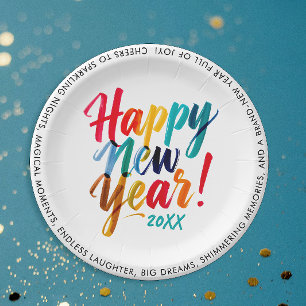 Cool New Years Eve Colourful Rainbow Brush Script Paper Plate