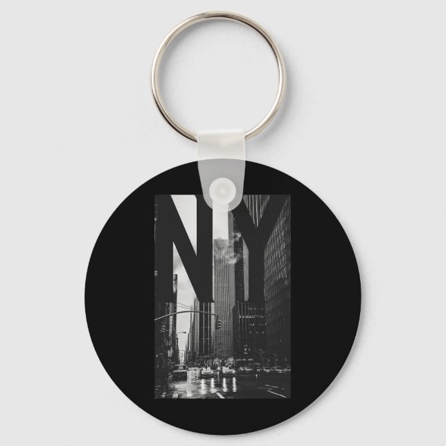 Cool New York City Abstract Skyline, Black &amp; W Key Ring (Front)