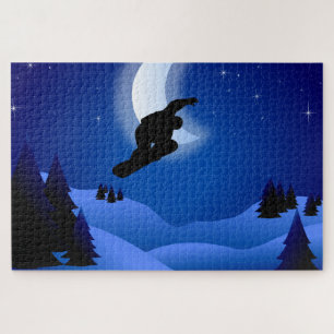 Cool Night Silhouette Snowboarding Mountain Jigsaw Puzzle