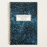 Cool Night Sky Constellations Personalised Planner<br><div class="desc">Reach for the stars with this cool celestial personalised planner,  featuring white stars and outlined constellations overlaid on an outer spaced themed galaxy background in rich shades of blue and dark teal. Personalise with two lines of custom text for your name and the year in modern black lettering.</div>