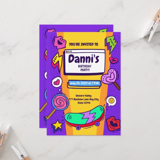 Cool Nostalgic 90's Theme Birthday Invitation (Front/Back In Situ)