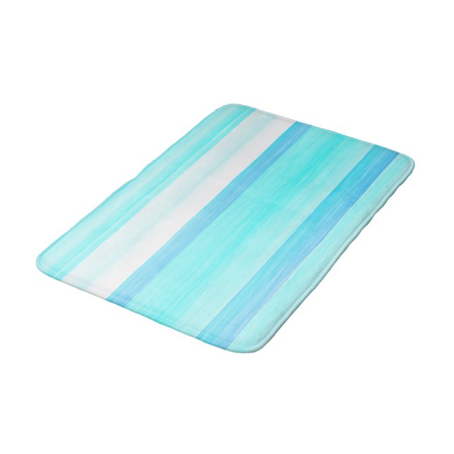 Cool Ocean Blue Aqua Turquoise Watercolor Stripes Bath Mat (Angled)
